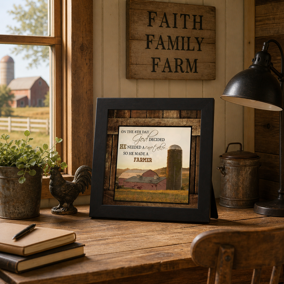 On The 8th Day God Made A Farmer Wall Art – Red Barn Farmhouse Square Christian Decor (SS6768)