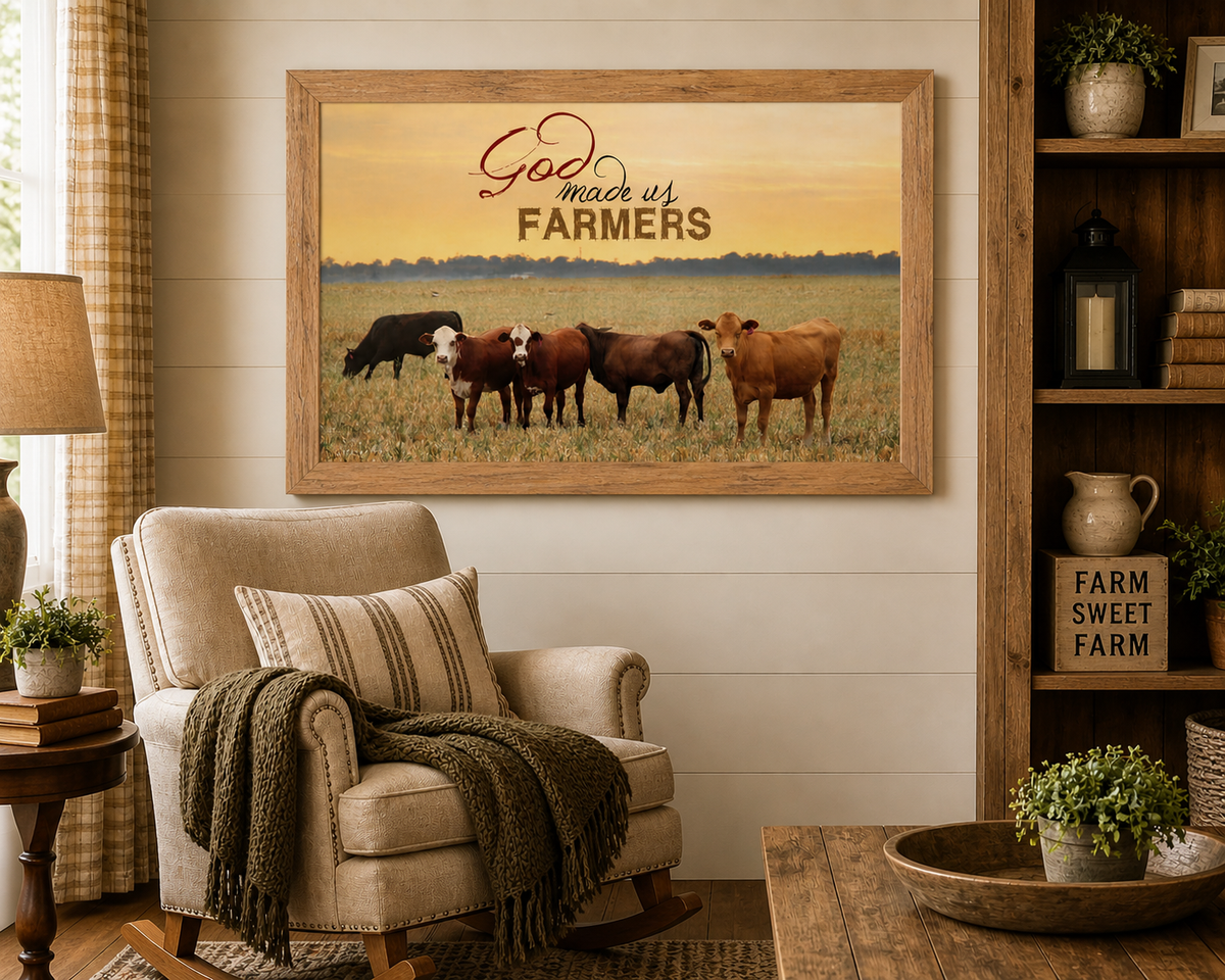 God Made Us Farmers Wall Art – Cattle Golden Field Sunset Farmhouse Landscape Decor (SSW9938)