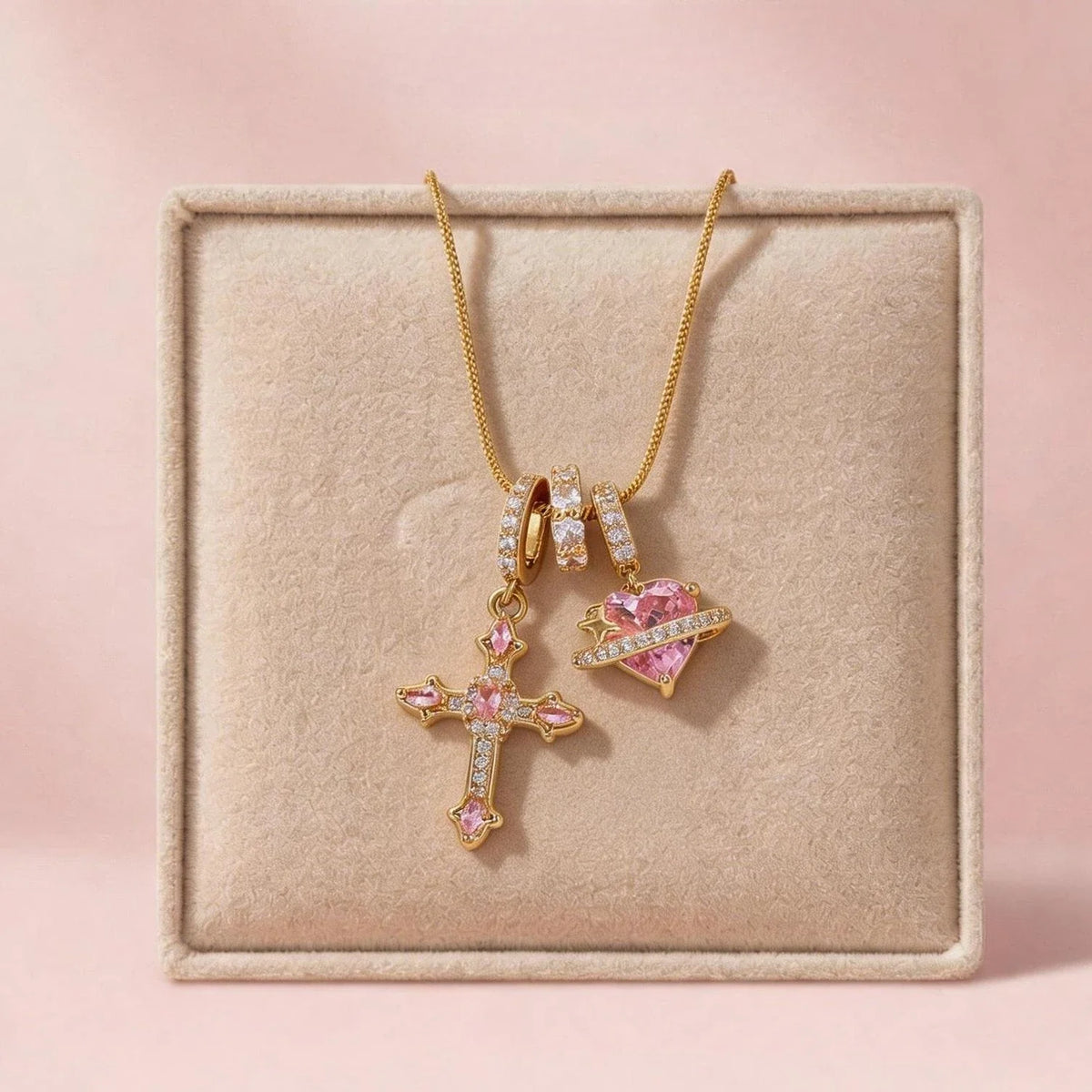 Heart Cross Pendant Necklace for Women Stainless Steel Necklace 14K Gold Plated Snake Chain Necklace with Pink Zircon Heart & Cross Charms, Hypoallergenic Dainty Layering Pendant Necklace Jewelry Gift for Women Girls Valentin