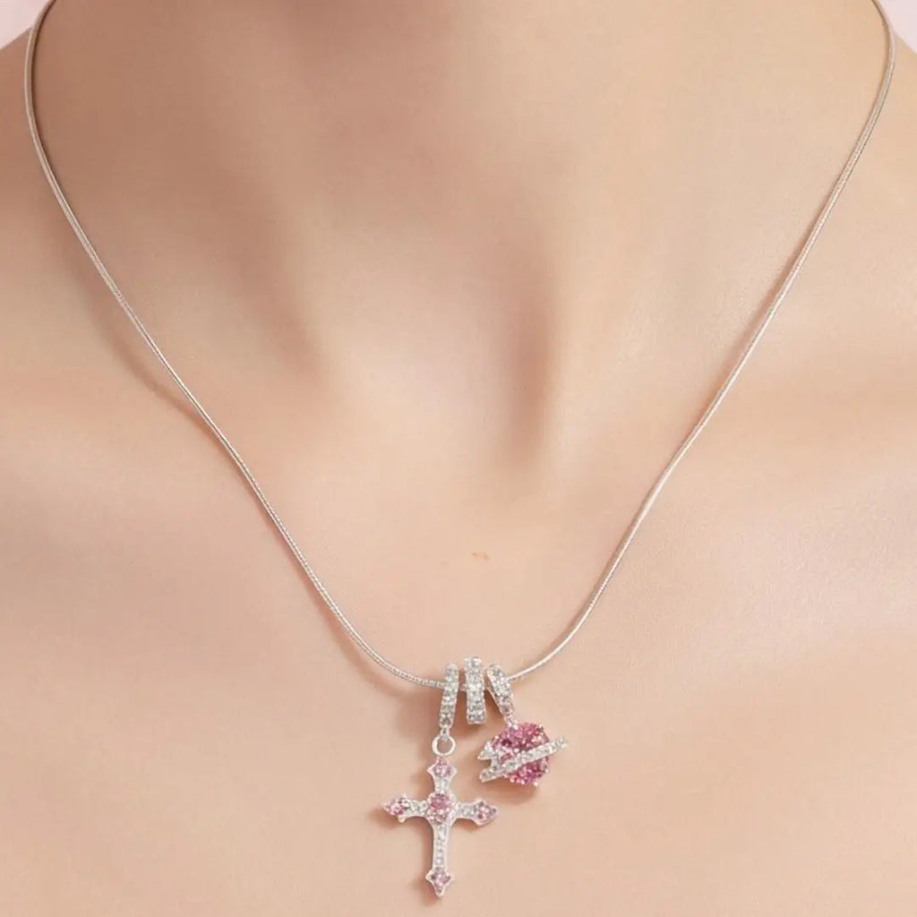 Heart Cross Pendant Necklace for Women Stainless Steel Necklace 14K Gold Plated Snake Chain Necklace with Pink Zircon Heart & Cross Charms, Hypoallergenic Dainty Layering Pendant Necklace Jewelry Gift for Women Girls Valentin