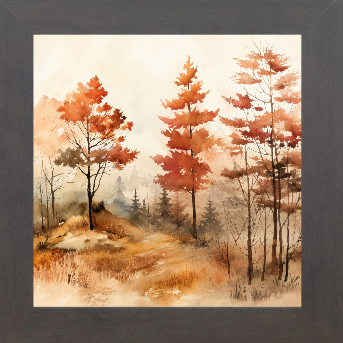 Autumn Watercolor Forest Wall Art – Fall Landscape Square Fine Art Decor (SB304)