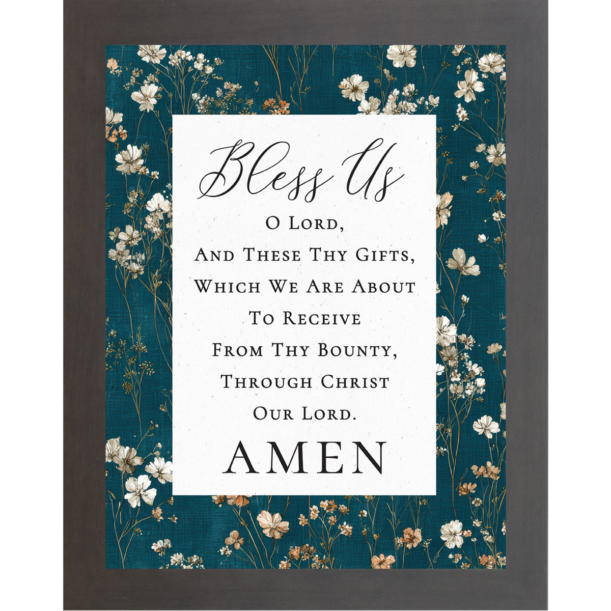 Bless Us O Lord Catholic Prayer Wall Art – Teal Floral Botanical Christian Decor (SB234)