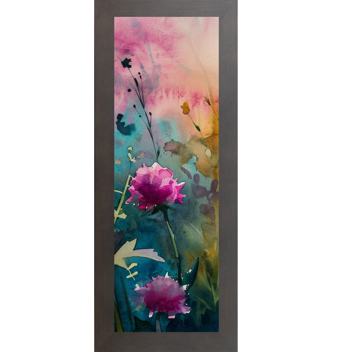 Teal Wildflower Wall Art – Watercolor Peony Narrow Portrait Botanical Decor (SB931)