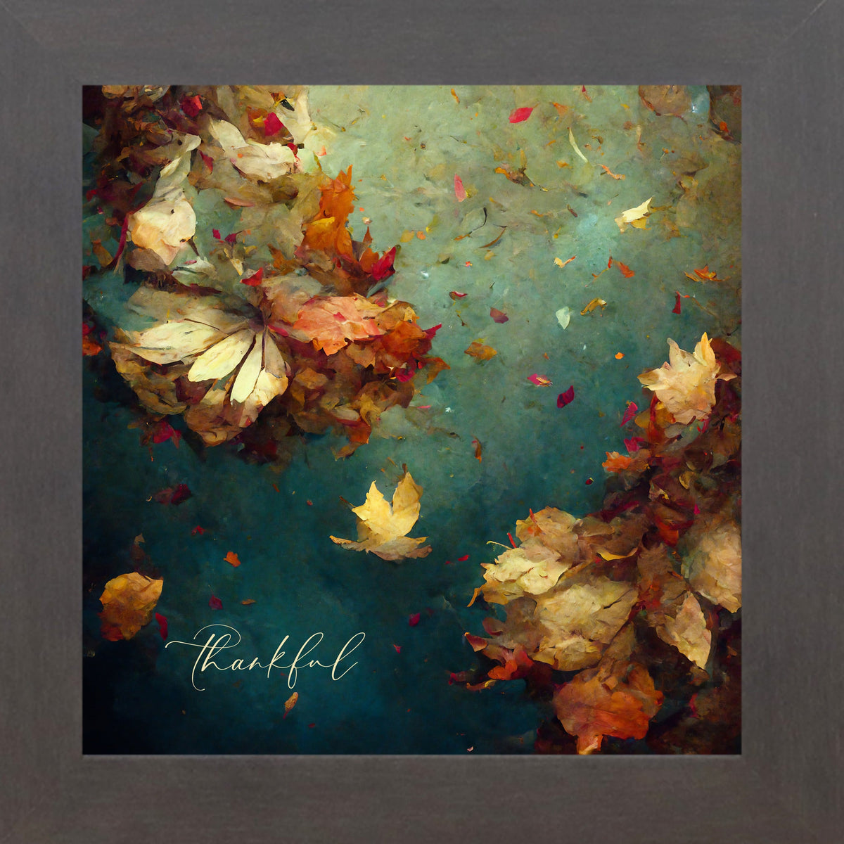 Thankful Fall Wall Art – Teal Watercolor Autumn Leaves Square Farmhouse Decor (SB306)