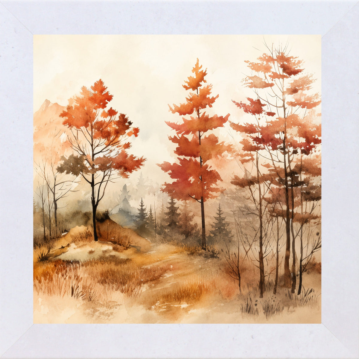 Autumn Watercolor Forest Wall Art – Fall Landscape Square Fine Art Decor (SB304)