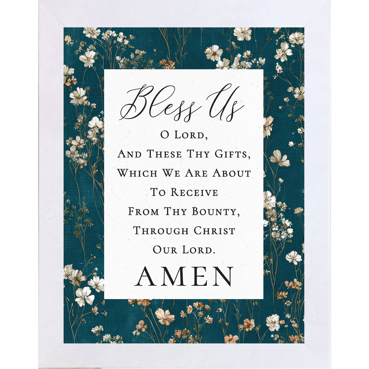 Bless Us O Lord Catholic Prayer Wall Art – Teal Floral Botanical Christian Decor (SB234)