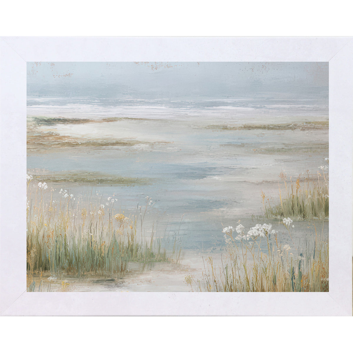 Coastal Marsh Wall Art – Tidal Wetland Grasses Wildflowers Painterly Landscape Neutral Decor (SB226)