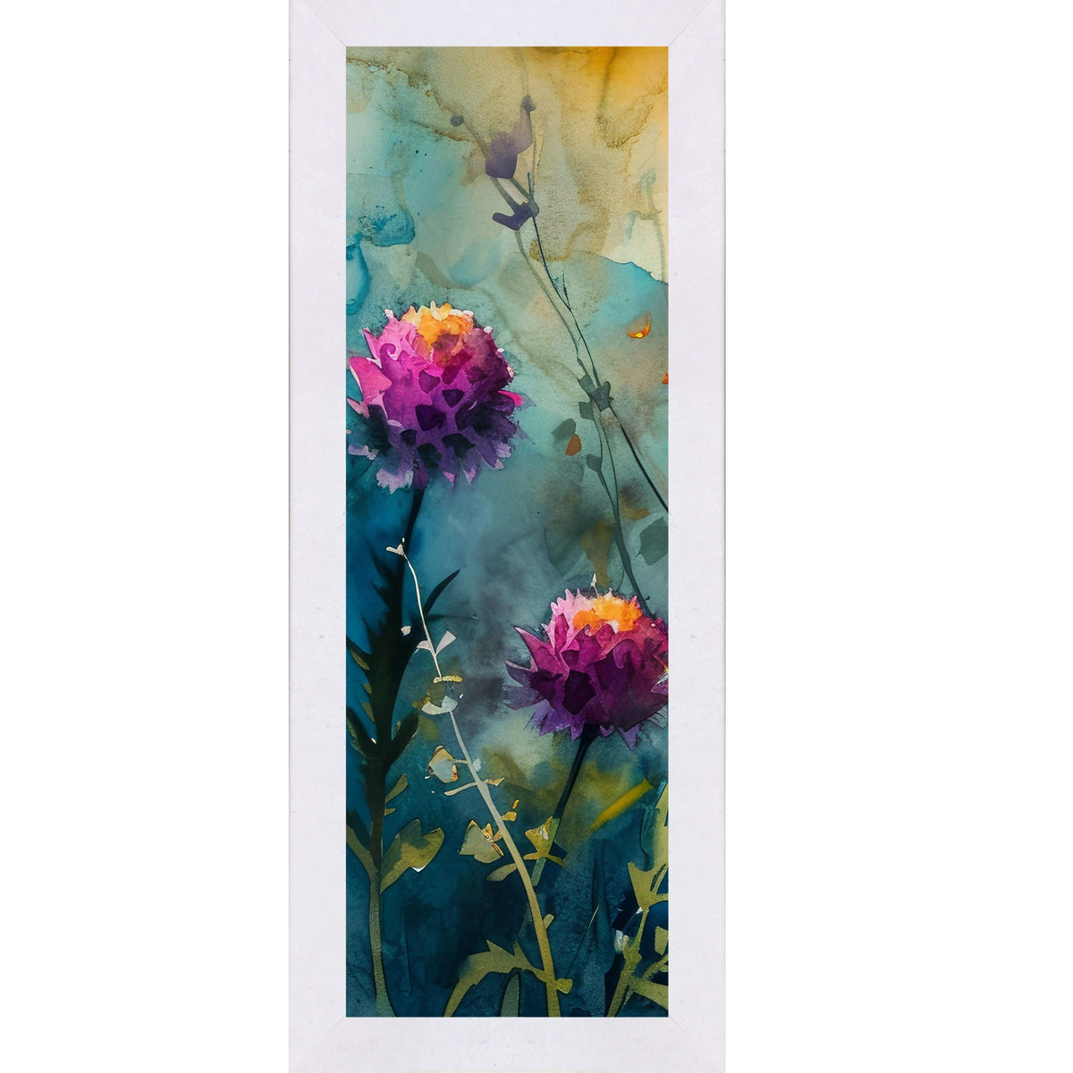 Teal Wildflower Wall Art – Watercolor Botanical Narrow Portrait Floral Decor (SB930)