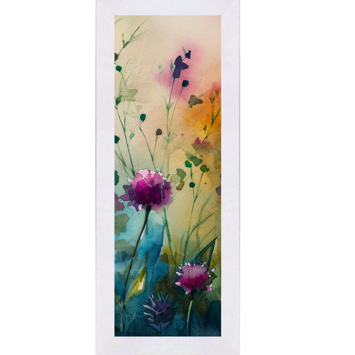 Teal Wildflower Wall Art – Watercolor Floral Narrow Portrait Botanical Decor (SB929)