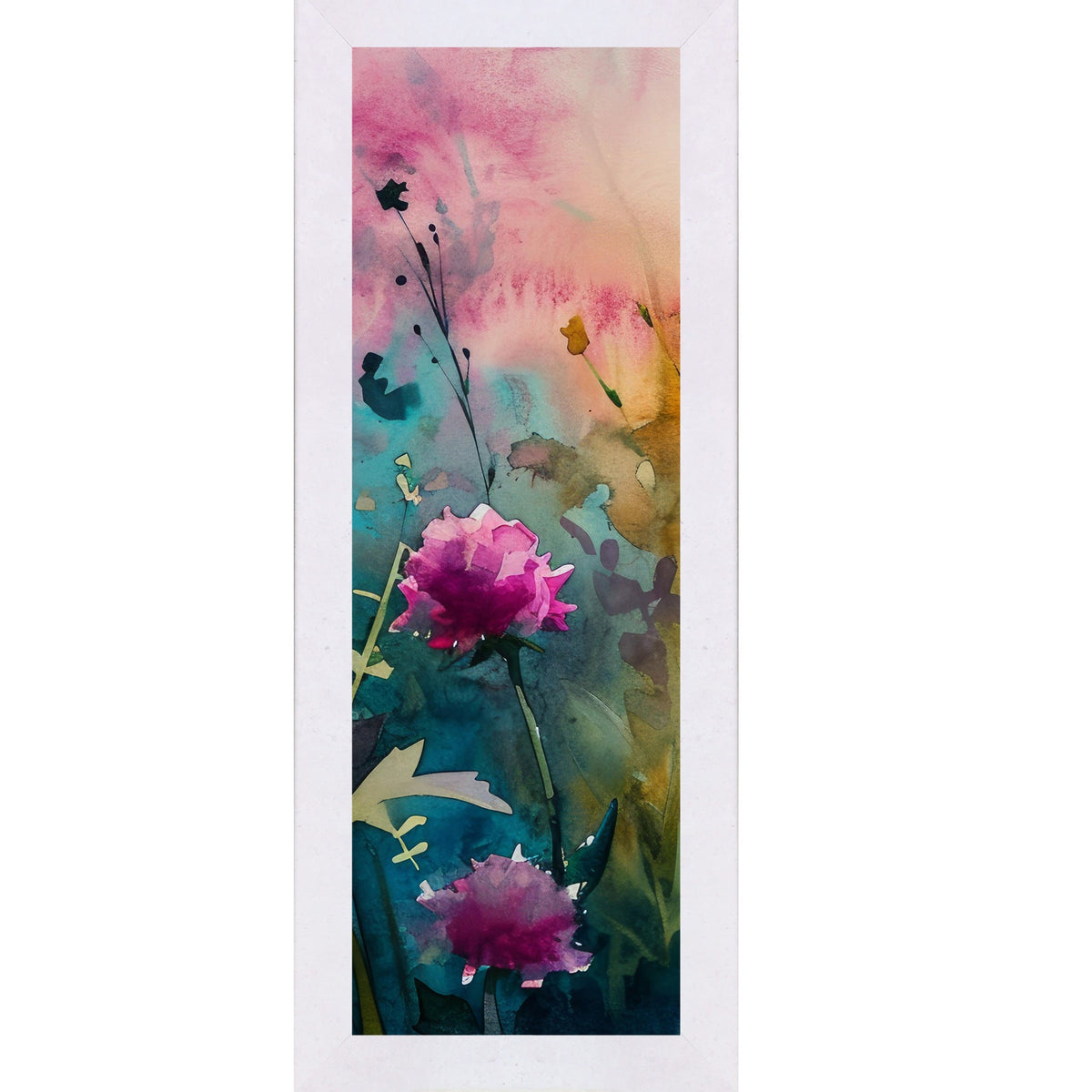 Teal Wildflower Wall Art – Watercolor Peony Narrow Portrait Botanical Decor (SB931)