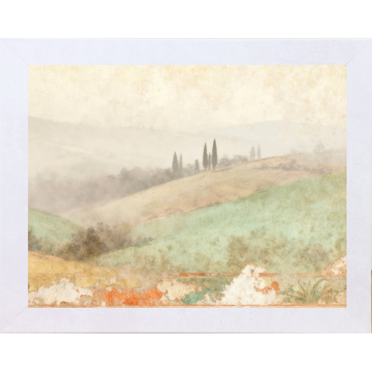Tuscan Valley Mist Wall Art – Rolling Italian Hills Cypress Fresco Landscape Decor (SB220)
